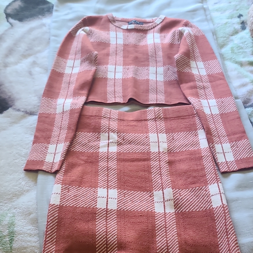 Love Tree Pink and White Plaid Skirt Set
